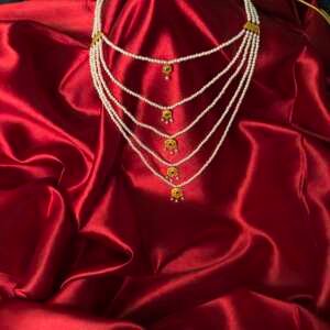 Layered Multi-Strand Pearl Necklace with Gold Motifs