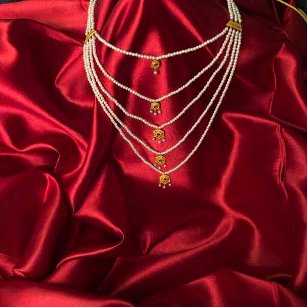 Layered Multi-Strand Pearl Necklace with Gold Motifs