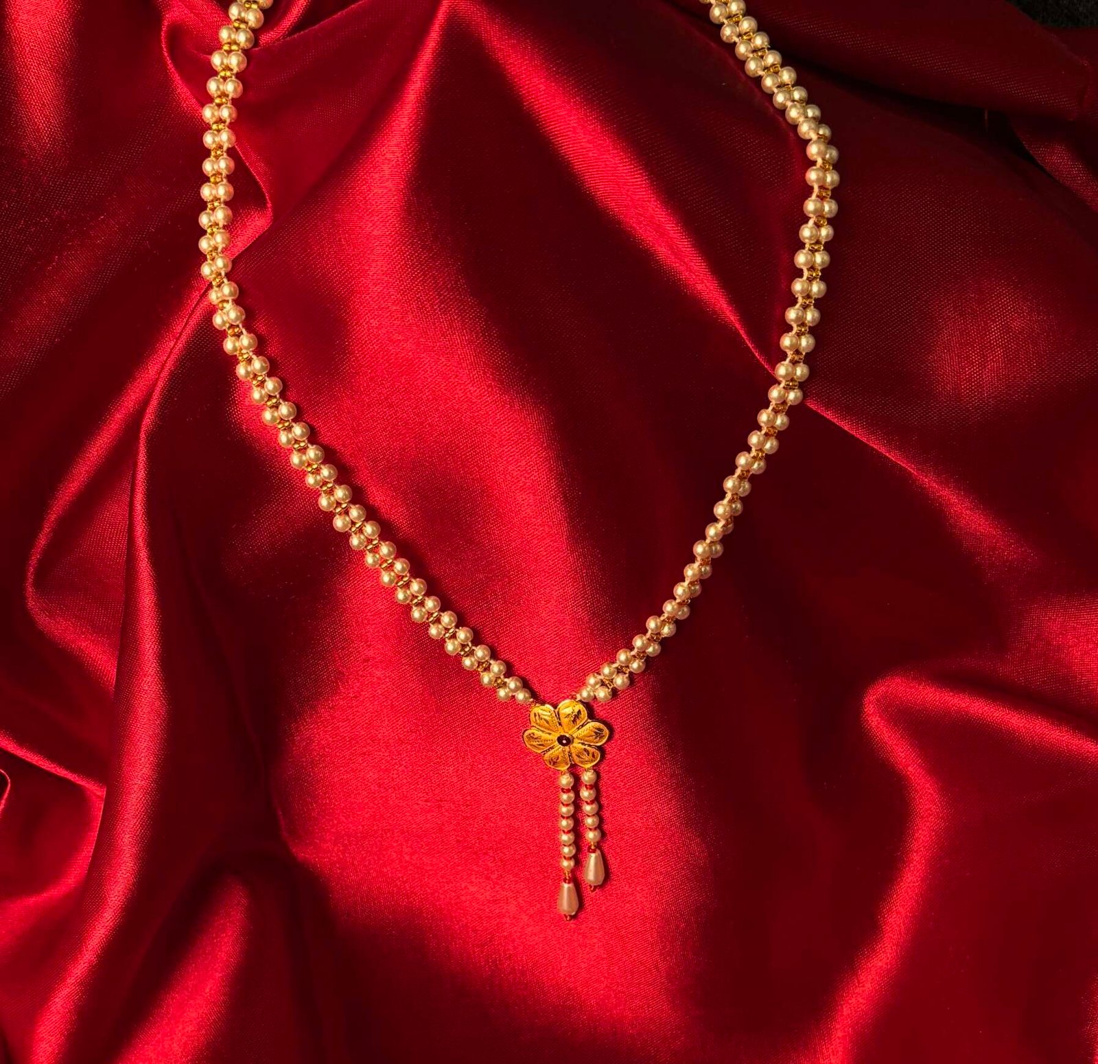 Pearl Necklace with Floral Gold Drop Pendant