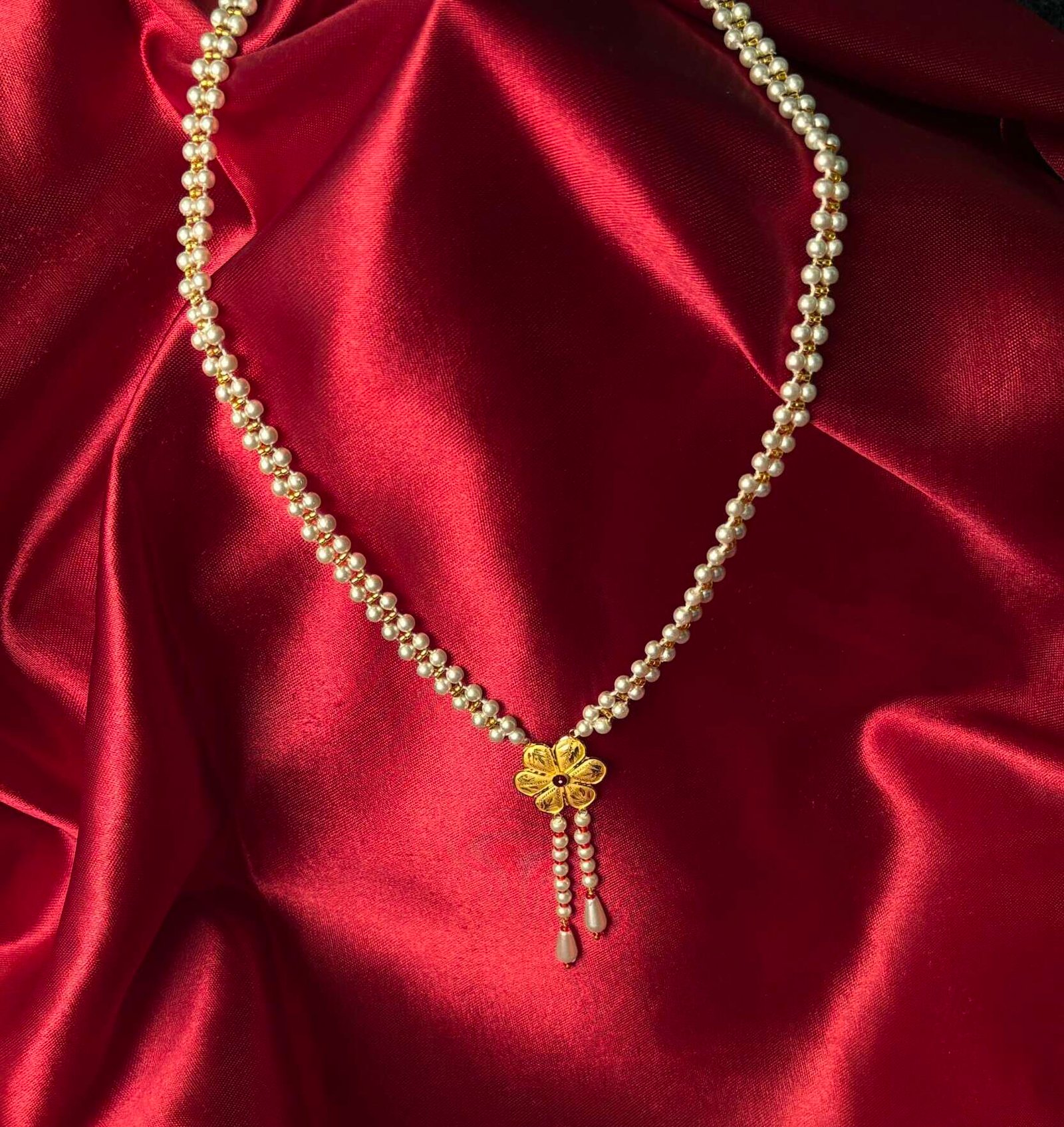 Pearl Necklace with Floral Gold Drop Pendant