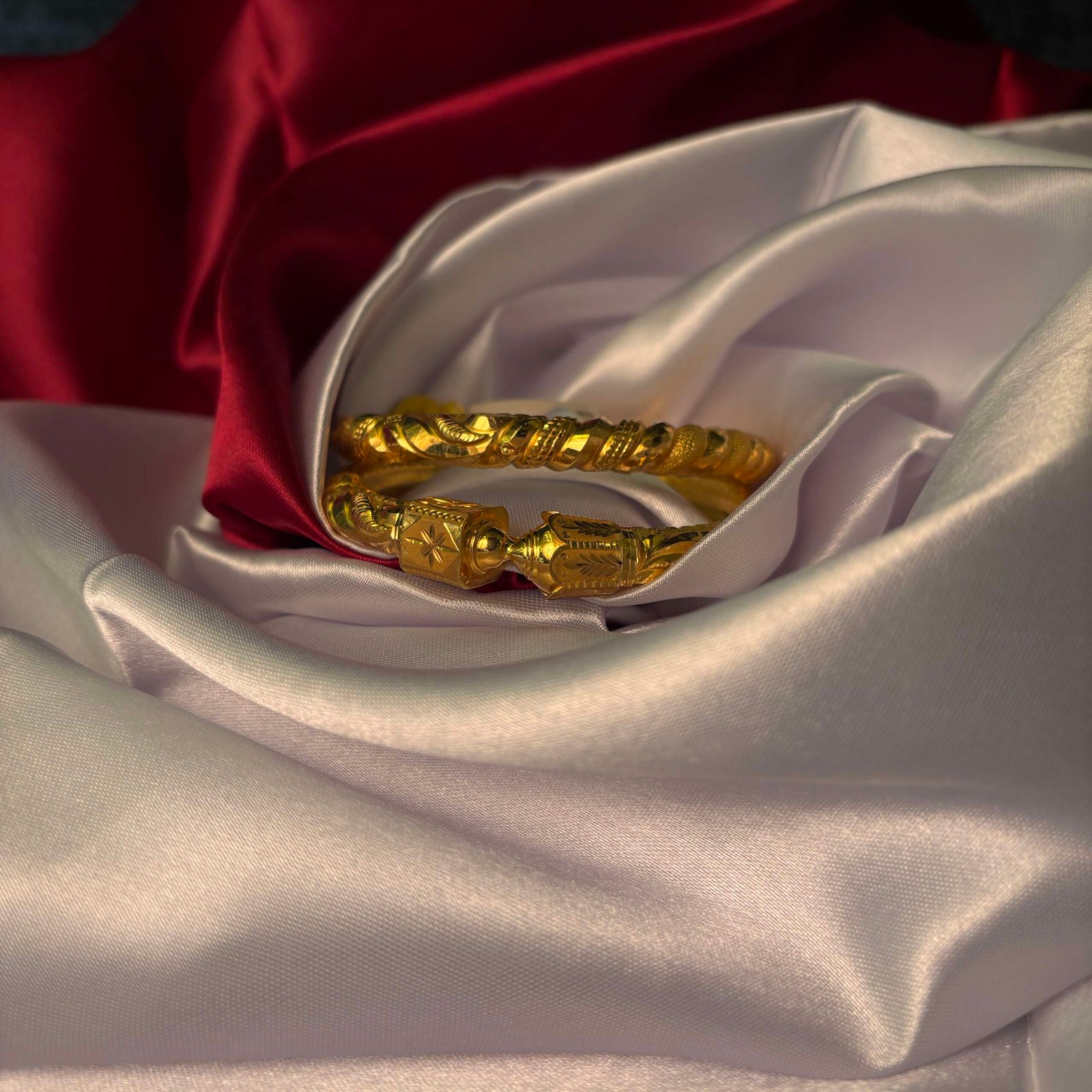 Traditional Gold Bangles with Carved Detailing (Pair)